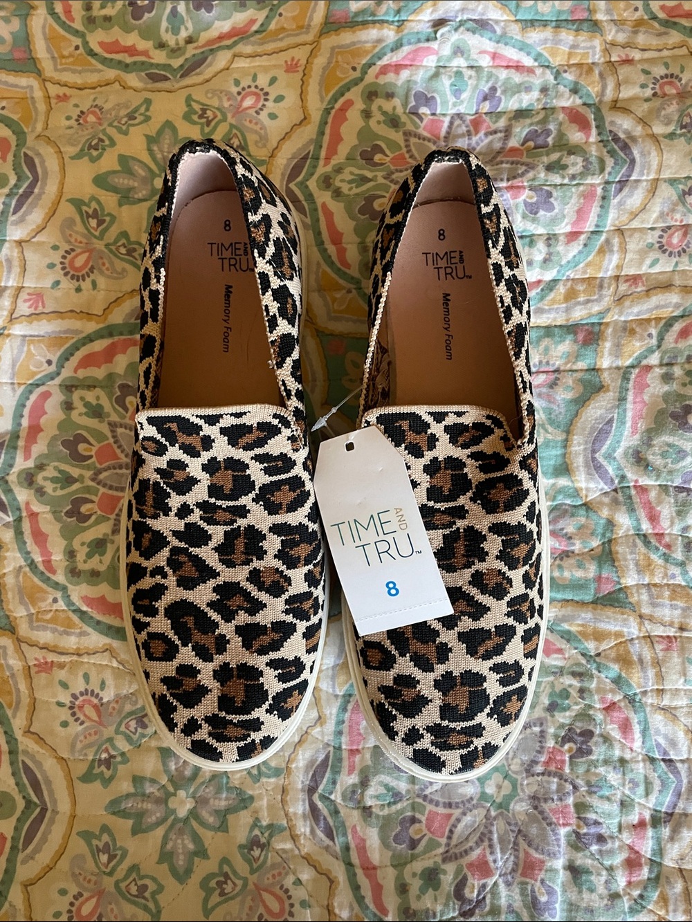Time and Tru Knit Leopard Print Slip-On Sneakers - Tan/Black. Size 8 NWT